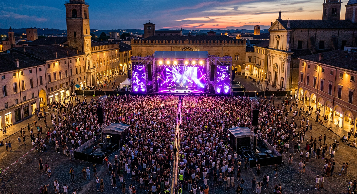 Ripresa aerea di un festival musicale all’aperto in una piazza italiana