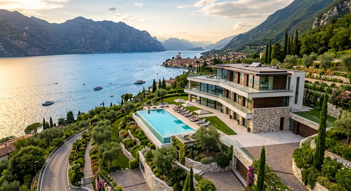 Ripresa aerea di una villa con piscina affacciata sul Lago di Garda