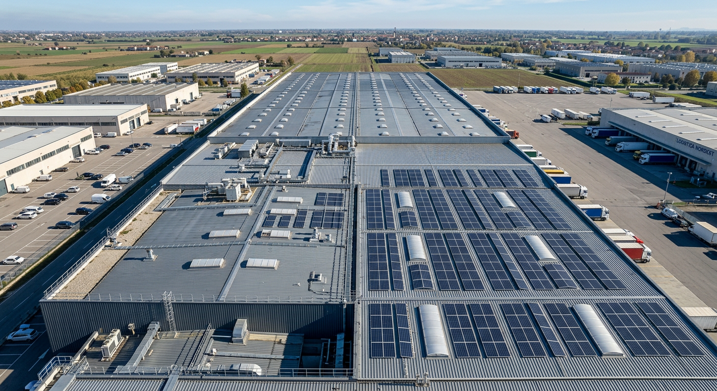 Vista aerea zenitale di un tetto industriale con pannelli fotovoltaici